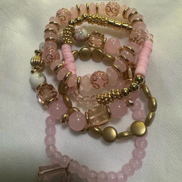 Charmed Stacked Pink and Gold Beaded Bracelets - Picture 3 of 6